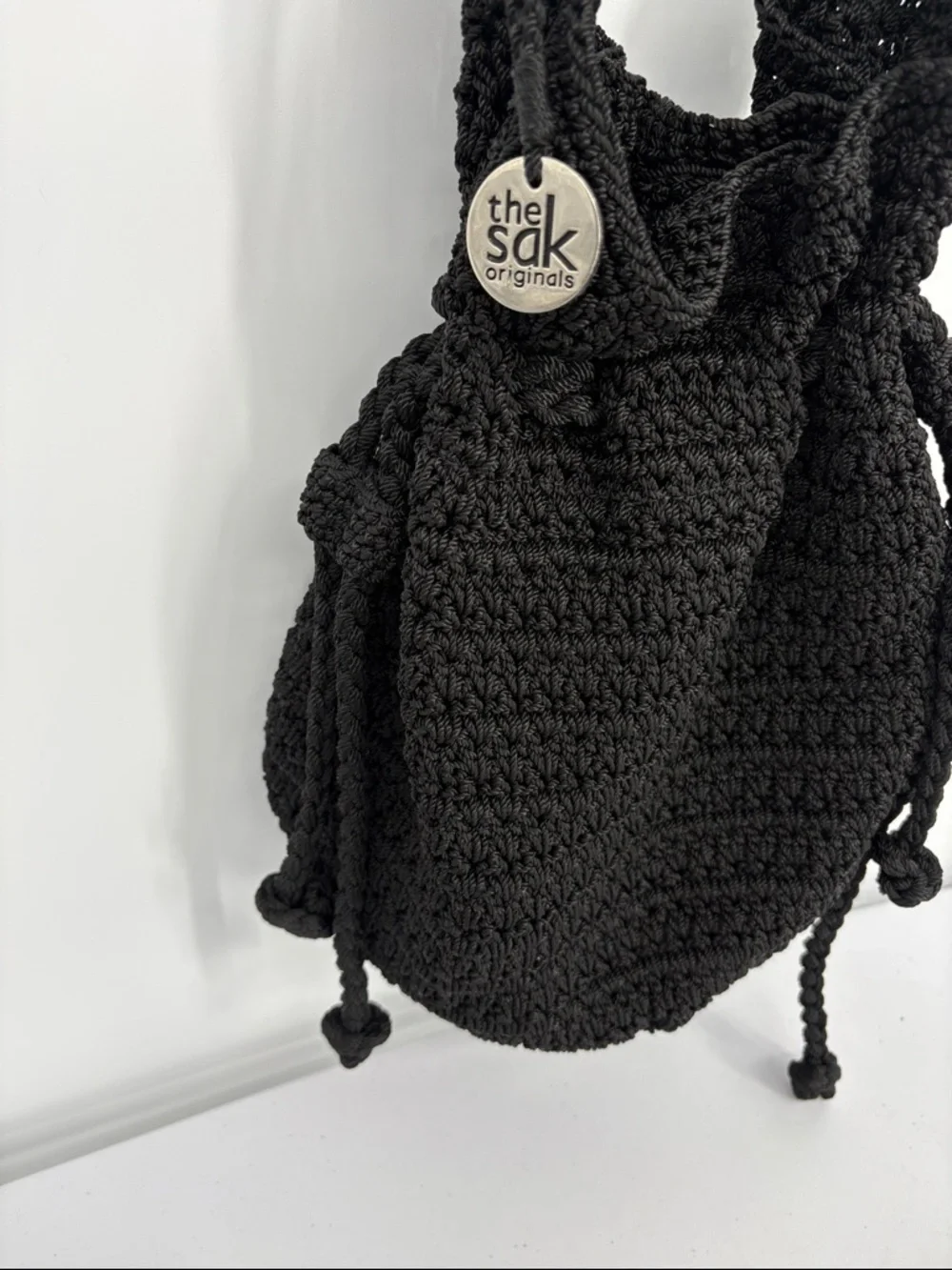 🗄️ The Sak Black Crochet Drawstring Shoulder Tote